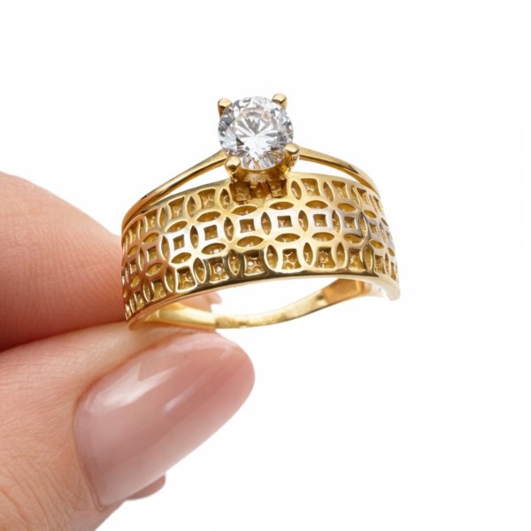 Szeroki pierścionek z kamieniem w szlifie brylantowym R.20 złoto 585