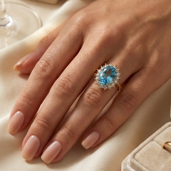 Pierścionek z błękitnym kamieniem w szlifie owalnym R.21 złoto 585