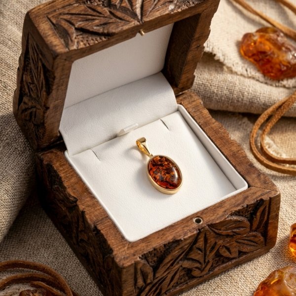 Wisior z owalnym bursztynem naturalnym złoto 585