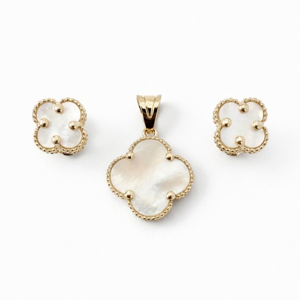 Komplet wisior i kolczyki koniczyna masa perłowa złoto 585 