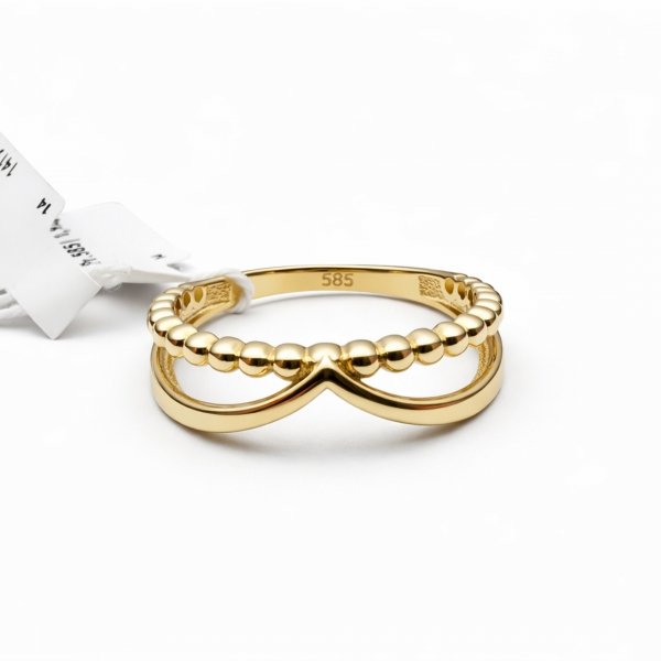 Pierścionek podwójny w formie piramidy z kulkami złoto 585