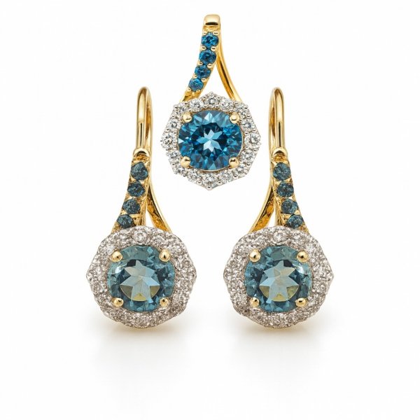 Komplet naszyjnik i kolczyki diament topaz złoto 585 