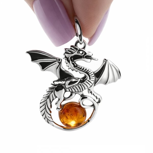 Zawieszka duży smok bursztyn naturalny srebro 925