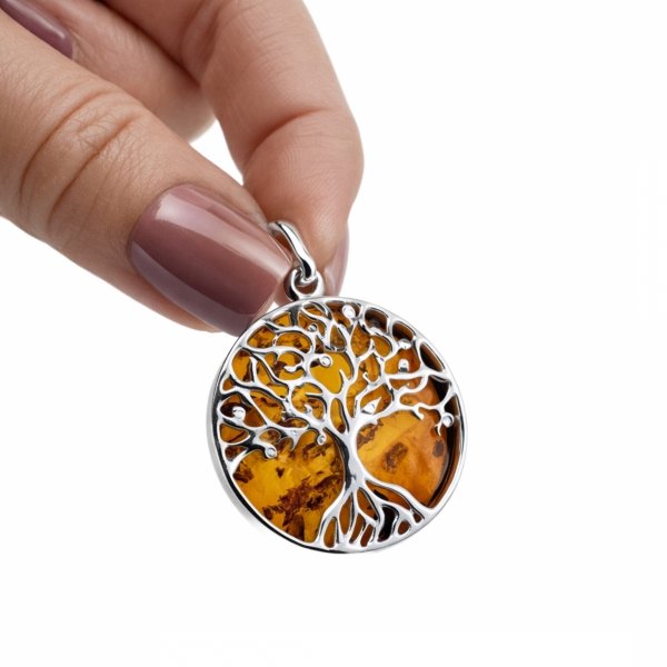 Wisior drzewo bursztyn naturalny srebro 925