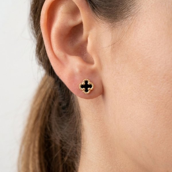 Komplet kolczyki i wisior koniczyna onyks złoto 585 