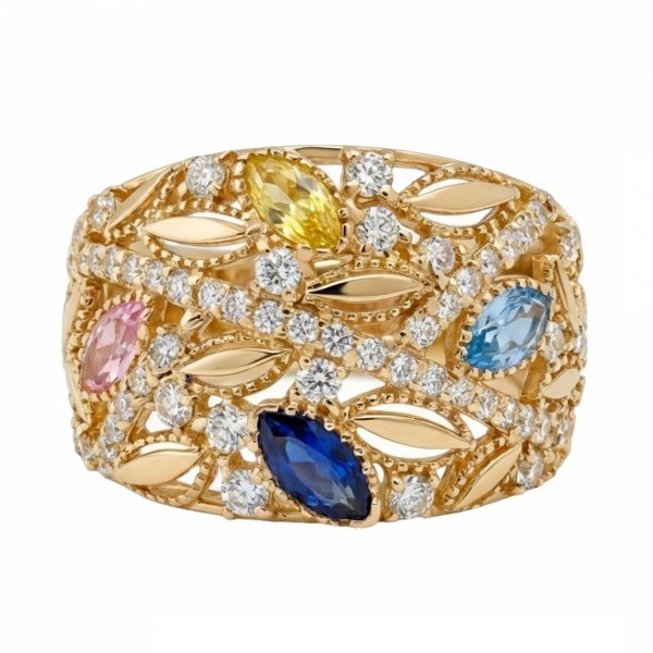 Pierścionek z motywem florystycznym i kolorowymi kamieniami złoto 585 