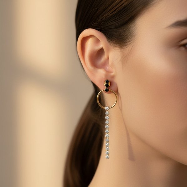 Kolczyki koła białe i czarne kamienie sztyft złoto 585 