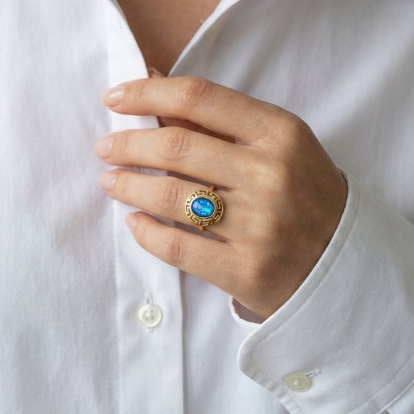 Pierścionek motyw grecki z ciemnym opalem złoto 585