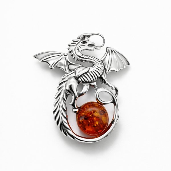 Zawieszka duży smok bursztyn naturalny srebro 925