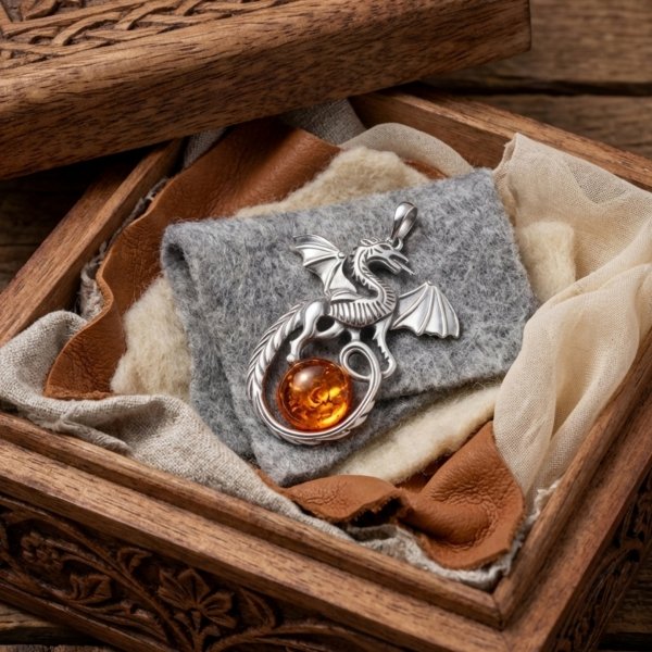 Zawieszka duży smok bursztyn naturalny srebro 925