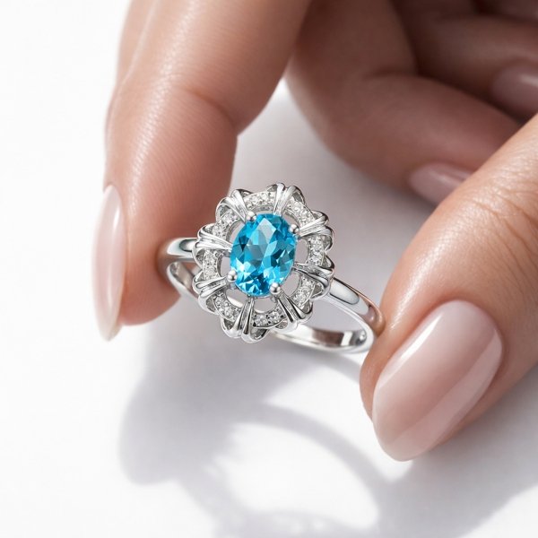 Pierścionek z naturalnym błękitnym topazem srebro 925 ROD