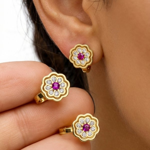 Kolczyki rubinowe kwiaty zapięcie angielskie złoto 585