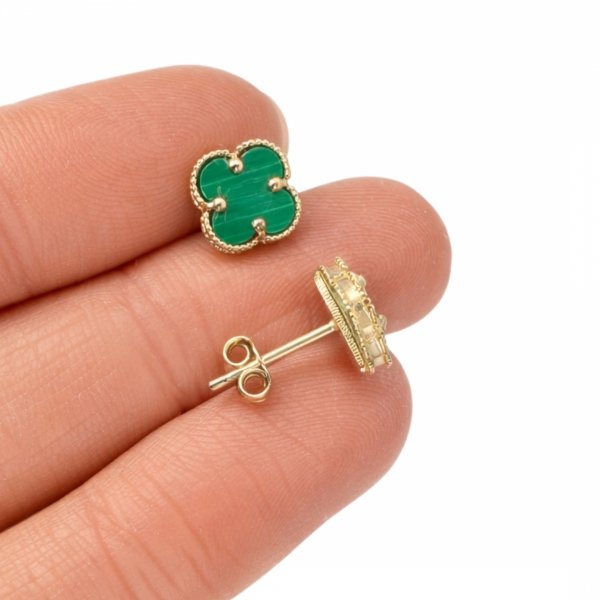 Kolczyki sztyft koniczyna malachit złoto 585 
