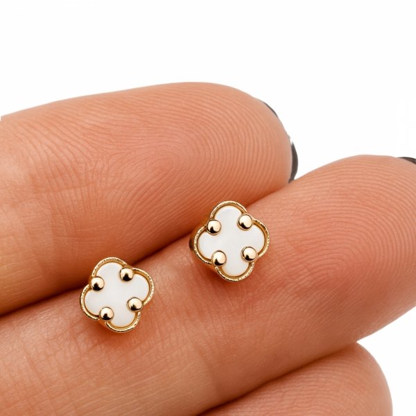 Kolczyki sztyft biała marokańska koniczyna złoto 585