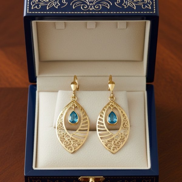 Kolczyki z ażurowym motywem i błękitnym kamieniem  złoto 585