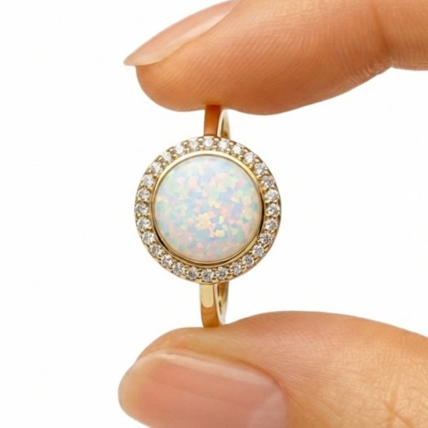 Pierścionek opal otoczony białymi kamieniami złoto 585 