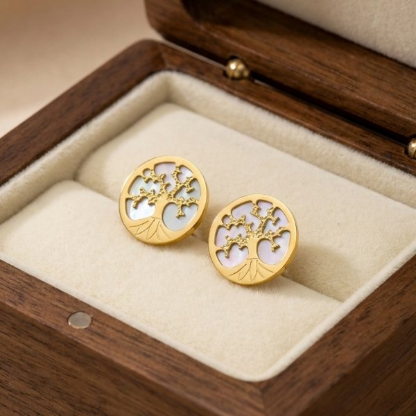 Kolczyki drzewko szczęścia masa perłowa złoto 585