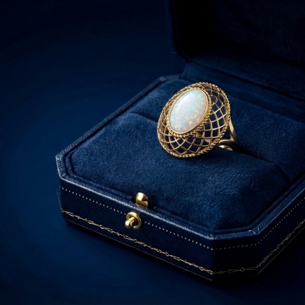 Pierścionek z opalem w ażurowej oprawie ze złota próby 585