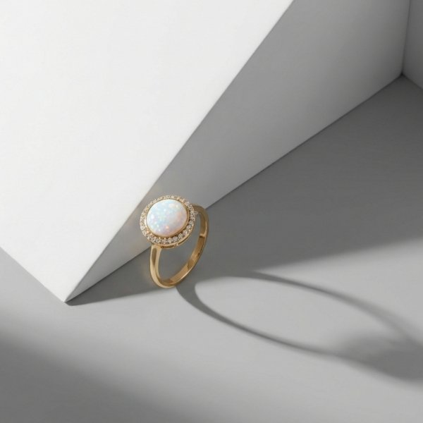 Pierścionek opal otoczony białymi kamieniami złoto 585 