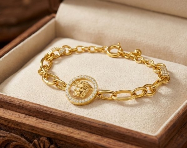 Bransoletka z głową lwa i motywem ogniw złoto 585 