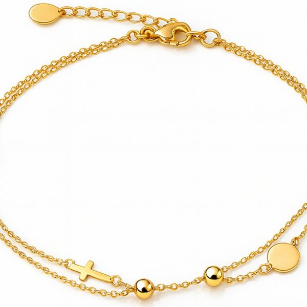 Bransoletka Krzyż 18,5 cm podwójny łańcuszek złoto 585