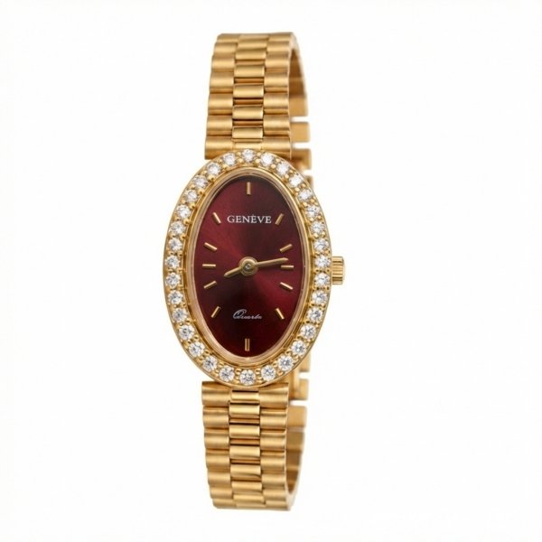 Zegarek z tarczą w kolorze rubinowym i kamieniami złoto 585 