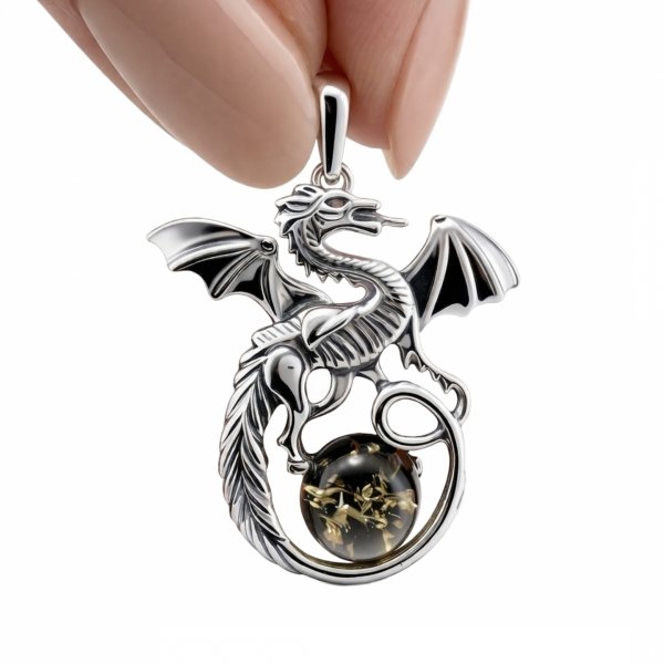 Wisior duży smok bursztyn naturalny srebro 925