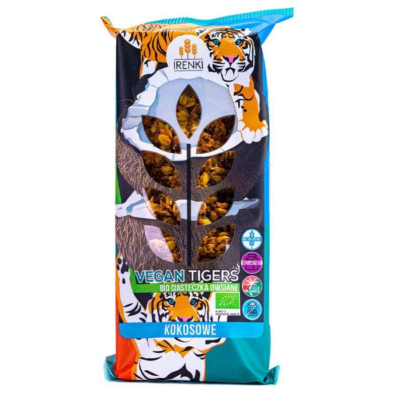 Ciastka owsiane Vegan Tigers - wegańskie z wiórkami kokosowymi Irenki BIO, 120g