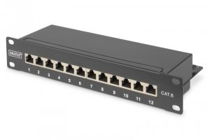 Digitus Patch panel 10 cali 12 portów, kat.6, S/FTP, 1U, wspornik kablowy, czarny (kompletny)