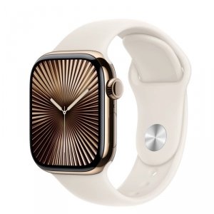 Apple Watch Series 10 GPS + Cellular, koperta 42 mm z tytanu w kolorze złotym z paskiem sportowym w kolorze księżycowej poświaty - rozmiar M/L