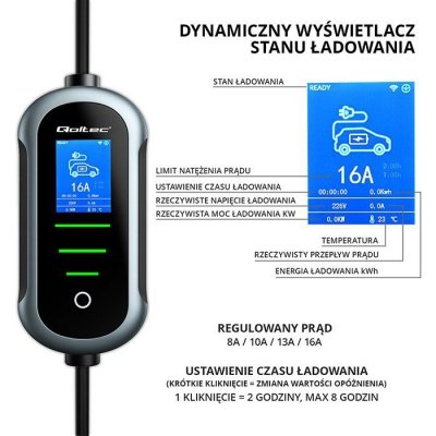 Qoltec Mobilna ładowarka do samochodu elektrycznego EV z regulacją 2w1  Typ2 | 3.5kW | 230V | Wi-Fi | TUYA | SMART LIFE | LCD | 5m