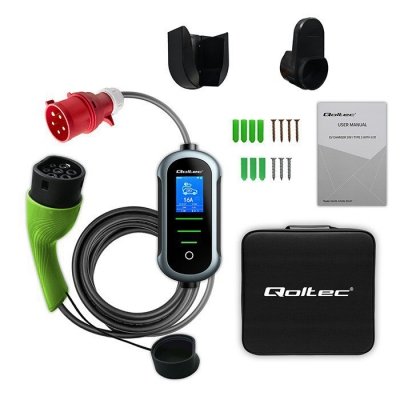 Qoltec Mobilna ładowarka do samochodu elektrycznego EV z regulacją 2w1  Typ2 | 22kW | 400V | Wi-Fi | TUYA | SMART LIFE | LCD | Wallbox | 7m