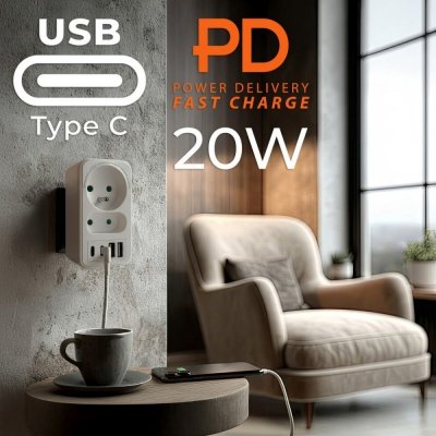 Maclean Rozdzielacz na 2 gniazda MCE249 F/W  2x USB-A 2x USB-C
