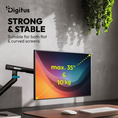 Digitus Ramię biurkowe pojedyncze z zaciskiem i sprężyną mechaniczną 1x LCD max. 35" 10kg, VESA: 75x75, 100x100, czarne