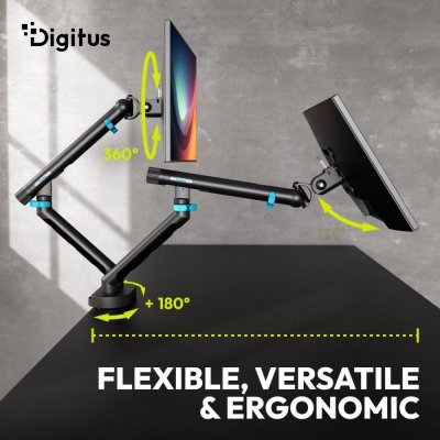 Digitus Ramię biurkowe podwójne z zaciskiem i sprężyną mechaniczną 2x LCD max. 35" obciążenie 2x10kg, VESA: 75x75, 100x100, czarne
