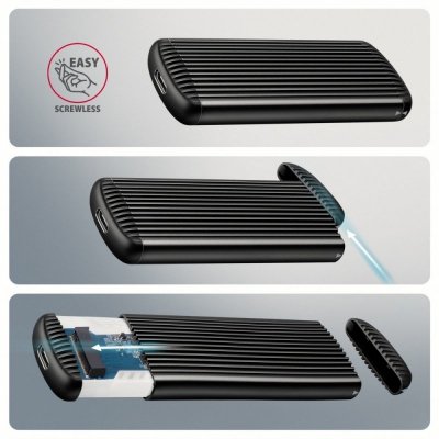 AXAGON EEM2-SC Obudowa zewnętrzna aluminiowa bezśrubowa USB-C 3.2 Gen 2 10Gbps - M.2 NVMe SSD, długość 30 do 80 mm szary