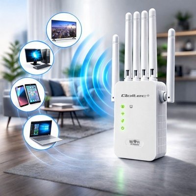Qoltec Wzmacniacz sygnału WiFi | Repeater | Access Point | 300Mb/s | 6  anten | 2xRJ45
