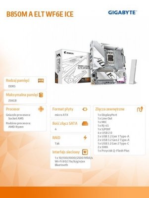 Gigabyte Płyta główna B850M A ELT WF6E ICE HDMI/DP M2 m.ATX