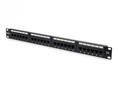 Digitus Patch panel 19 cali 24 porty, kat.6, U/UTP, 1U, wspornik kablowy, czarny (kompletny)