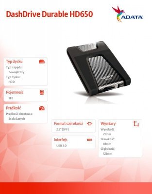Adata DashDrive Durable HD650 1TB 2.5&#039;&#039; USB3.0 Czarny