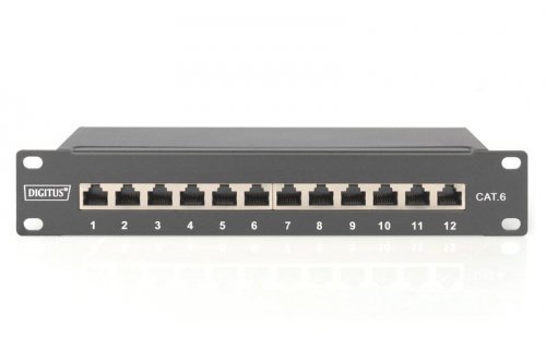 Digitus Patch panel 10 cali 12 portów, kat.6, S/FTP, 1U, wspornik kablowy, czarny (kompletny)