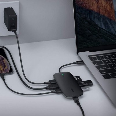AUKEY CB-C71 aluminiowy HUB USB-C | 8w1 | RJ45 Ethernet 10/100/1000Mbps | 3xUSB 3.1 | HDMI 4k@30Hz | SD i microSD | USB-C Power 