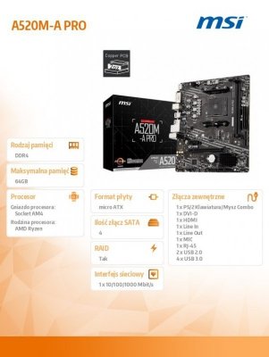 MSI Płyta główna A520M-A PRO AM4 2DDR4 DVI/HDMI USB 3.2 mATX