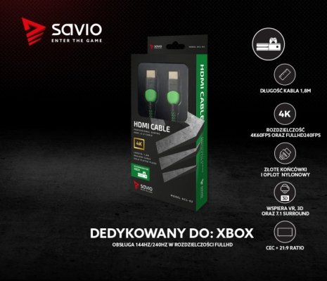 Savio Kabel HDMI 2.0 dedykowany do XBOX zielono-czarny 1,8m, GCL-03
