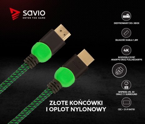 Savio Kabel HDMI 2.0 dedykowany do XBOX zielono-czarny 1,8m, GCL-03