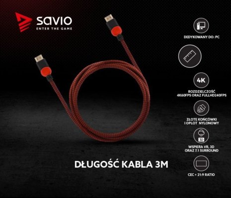 Savio Kabel HDMI 2.0 dedykowany do PC czerwono-czarny 3 m, GCL-04