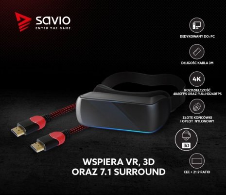 Savio Kabel HDMI 2.0 dedykowany do PC czerwono-czarny 3 m, GCL-04