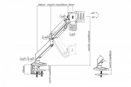 Digitus Ramię biurkowe podwójne z zaciskiem, 2xLCD, max. 35 cali, max. obciążenie 2x15kg, ze sprężyną gazową