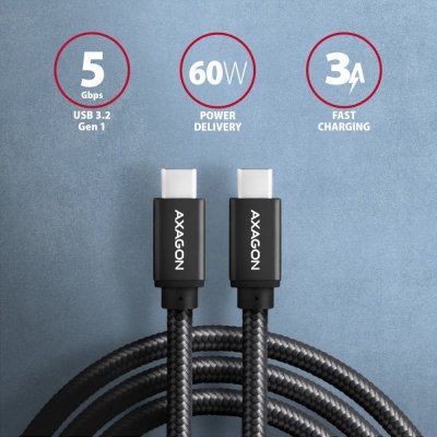 AXAGON Kabel USB-C  USB-C 3.2 Gen 1, 1m, PD 60W 3A, ALU, oplot BUCM3-CM10AB, czarny