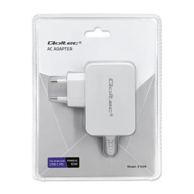 Qoltec Zasilacz sieciowy 65W | 5-20.3V | 2-3.25A | USB typ C | PD |     Biały